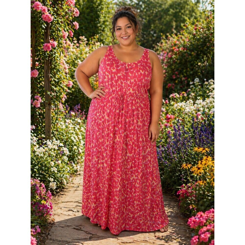 GAP SPOTTED PRINT LAVA ORANGE Abstract Maxi Dress Elastic Waist w/ Drawstring 2X